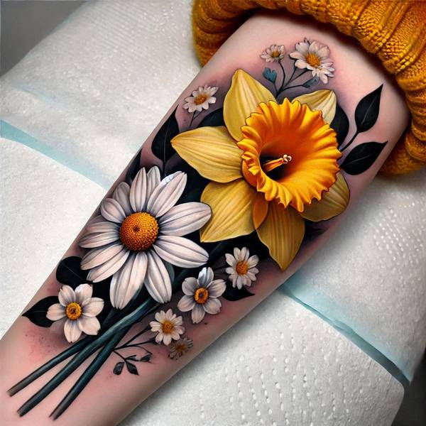 21 Delightful Daisy Tattoo Ideas 16 Daffodil And Daisy Tattoo 1 05c64be9 d198 4002 935a 7c01bc765b418ee9