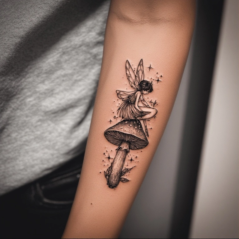 Fairy On Mushroom Tattoo