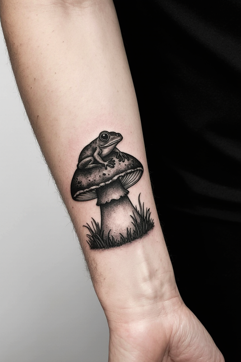 Frog On Mushroom Tattoo 2