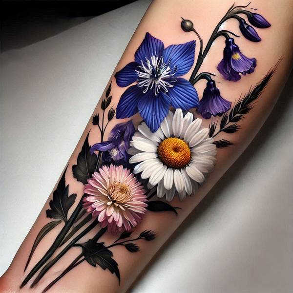 21 Delightful Daisy Tattoo Ideas 26 Larkspur And Daisy Tattoo 1 bf4ffc0d b2ca 4723 997b 076df5f84d03aa75