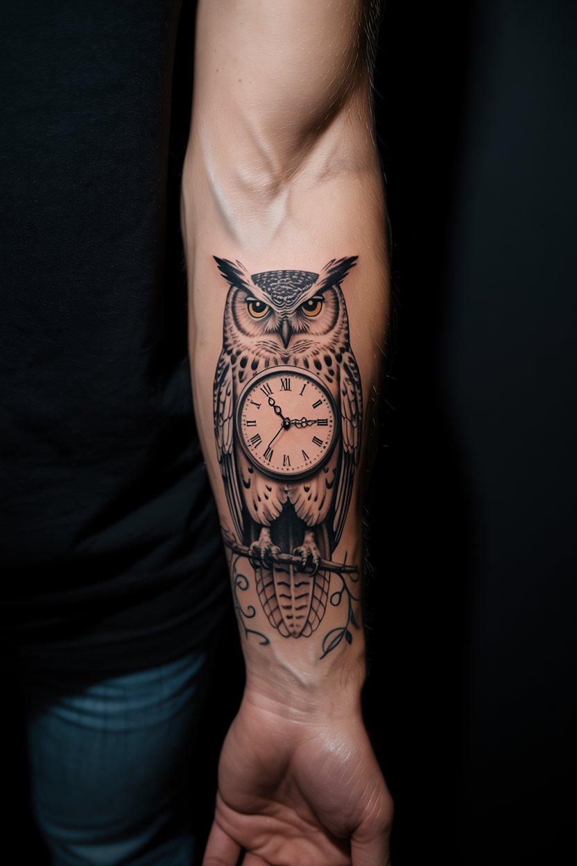 Owl Clock Tattoo 2