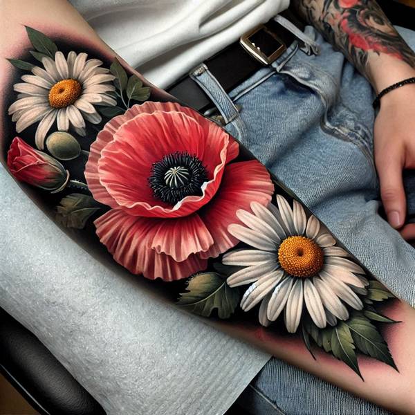 21 Delightful Daisy Tattoo Ideas 23 Poppy And Daisy Tattoo 1 214650e0 e97f 4ee4 afac b2f998932a626d79