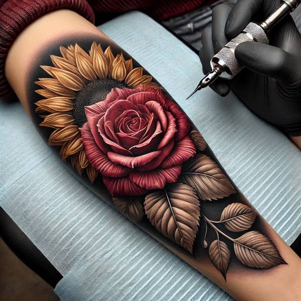 23 Symbolic Sunflower Tattoo Ideas 6 Rose And Sunflower Tattoo 2dfec