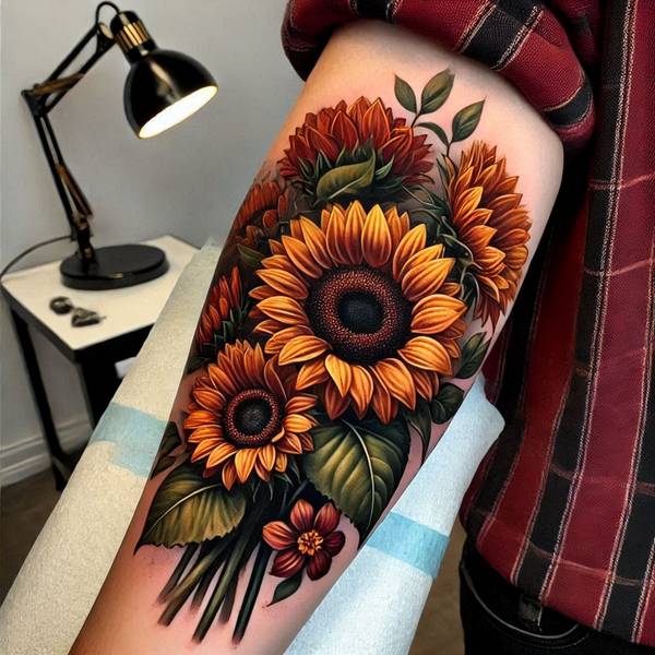 23 Symbolic Sunflower Tattoo Ideas 26 Sunflower Bouquet Tattood017