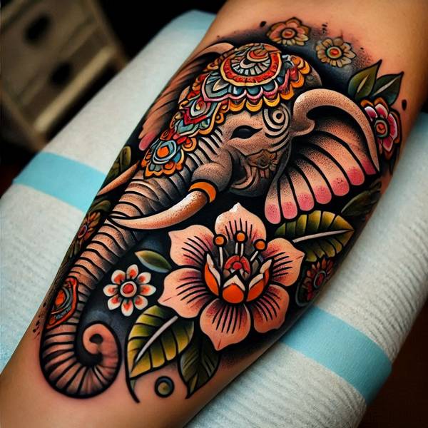 31 Graceful Elephant Tattoo Ideas To Crush Your Fears And Worries Into Dust 18 Traditional Elephant Tattoo 1d79e