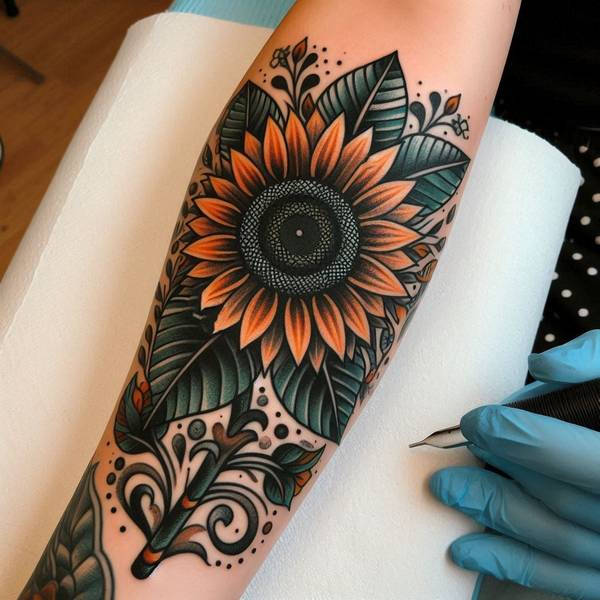 23 Symbolic Sunflower Tattoo Ideas 17 Traditional Sunflower Tattoo 1d49b