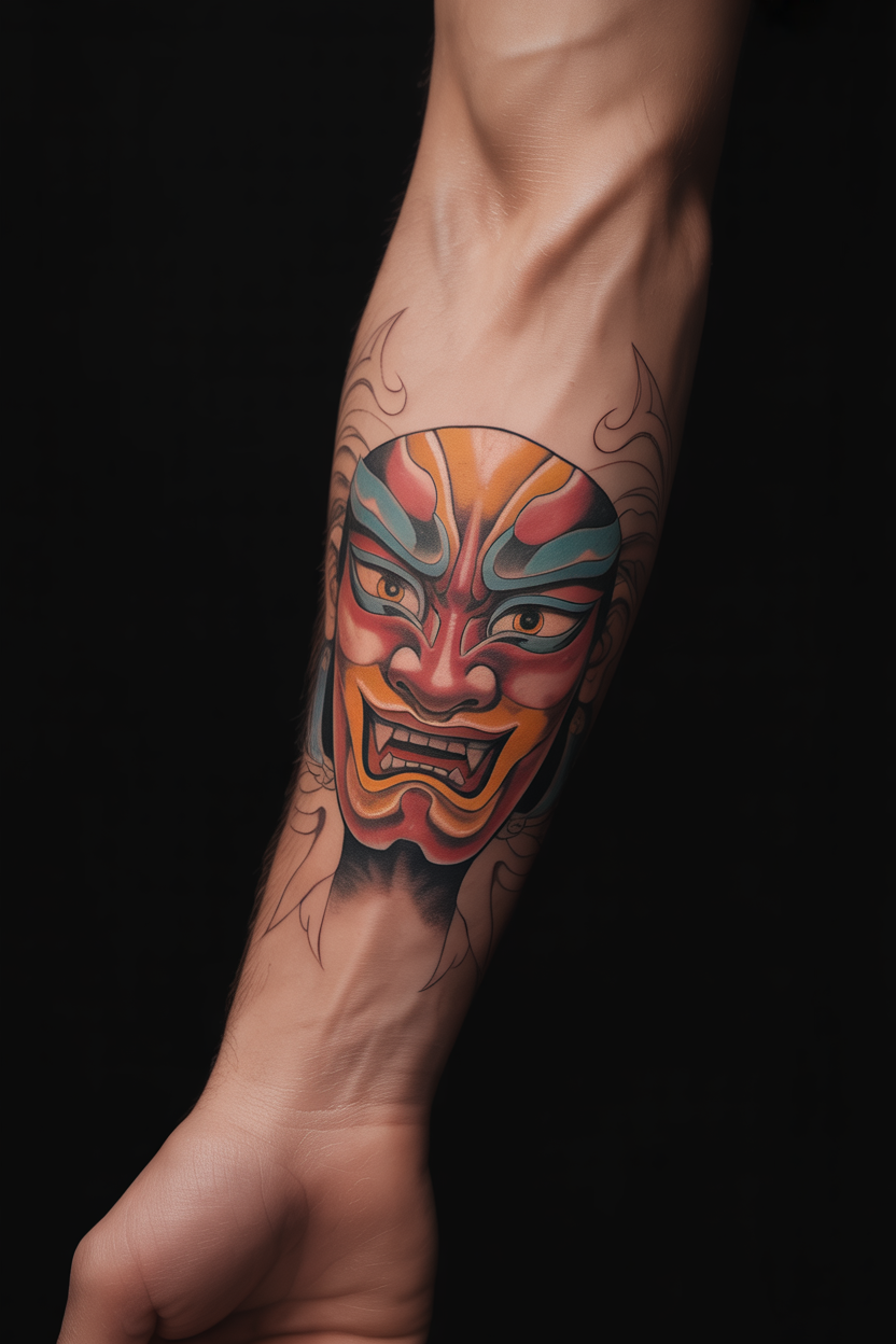20 Dynamic Demon Slayer Tattoo Ideas To Seek Vengeance! 22 Bright Demon Slayer Design With A Traditional Mask