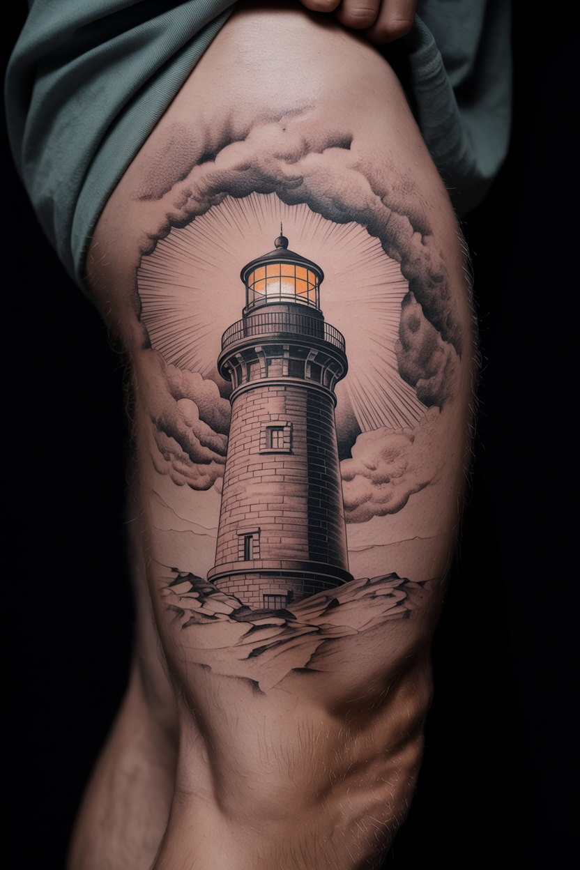 22 Lighthouse Tattoo Ideas To Cherish The Luxury Of Life! 30 Cloudy Lighthouse Tatto