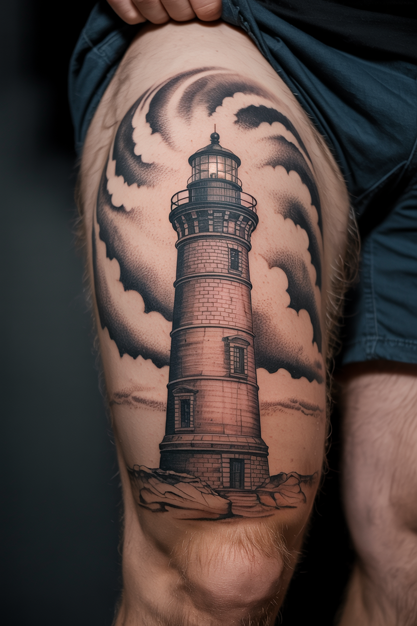 22 Lighthouse Tattoo Ideas To Cherish The Luxury Of Life! 29 Cloudy Lighthouse Tattoo