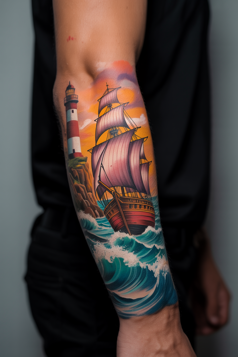 22 Lighthouse Tattoo Ideas To Cherish The Luxury Of Life! 7 Colorful Ship and Lighthouse Tattoo