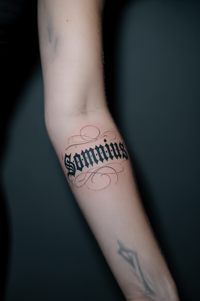 Cryptic Gothic Lettering Tattoo
