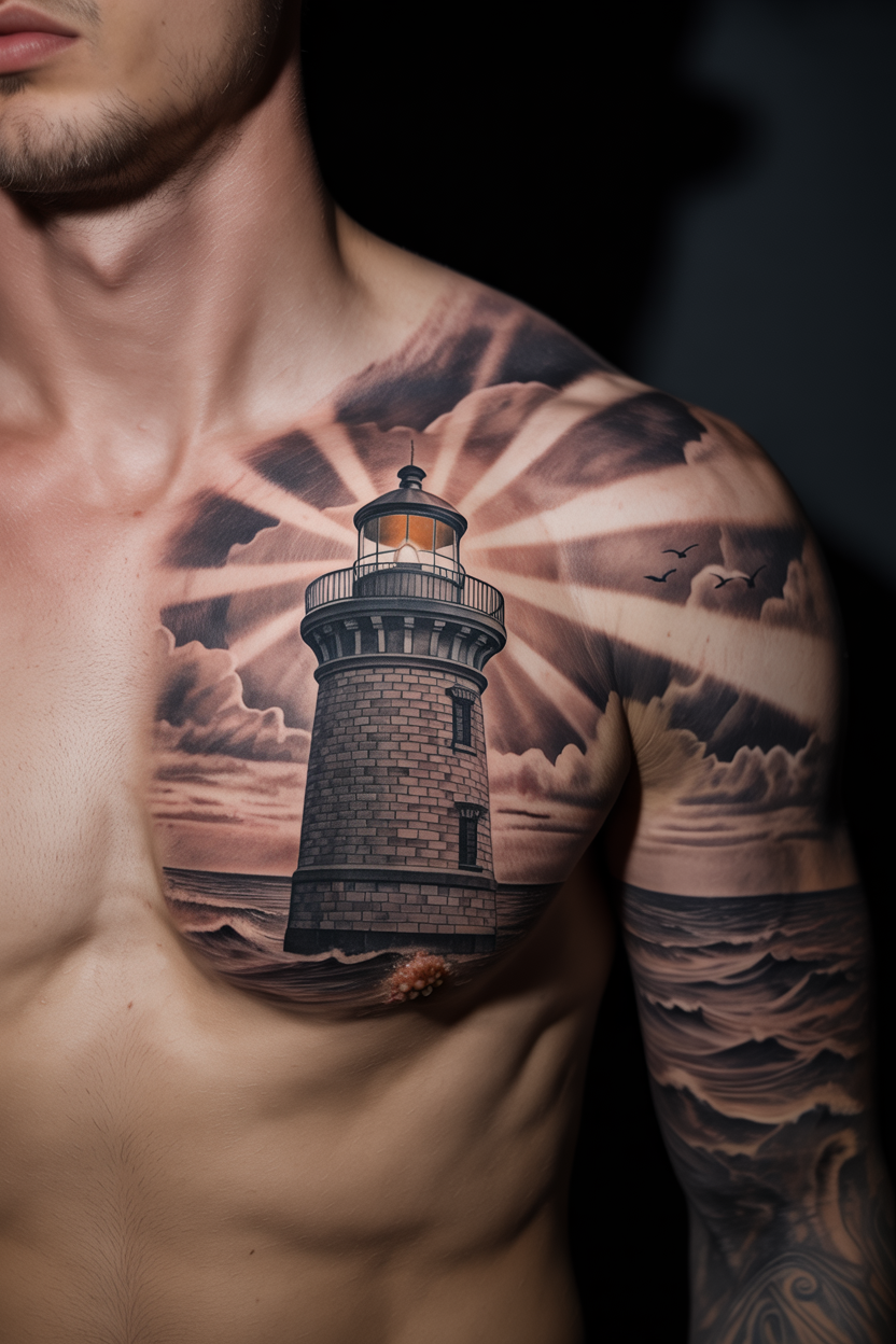 22 Lighthouse Tattoo Ideas To Cherish The Luxury Of Life! 26 Enlightening Lighthouse Tattoo on Chest