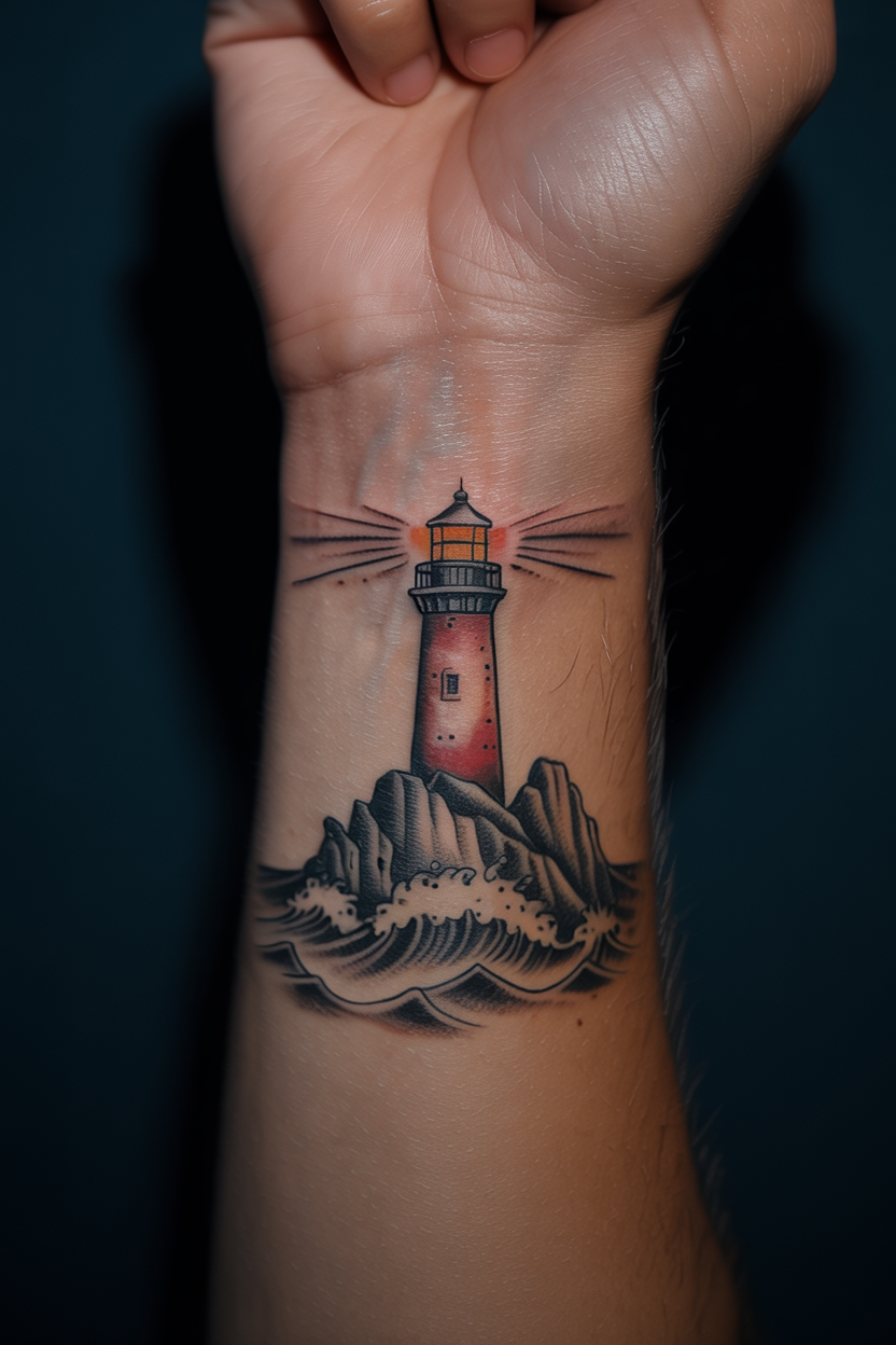 22 Lighthouse Tattoo Ideas To Cherish The Luxury Of Life! 1 Enlightening Traditional Lighthouse Tattoo