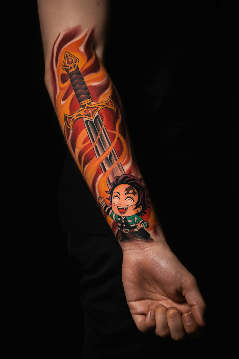 20 Dynamic Demon Slayer Tattoo Ideas To Seek Vengeance! 5 Fiery Demon Slayer Swrd Tattoo With An Adorable Twist
