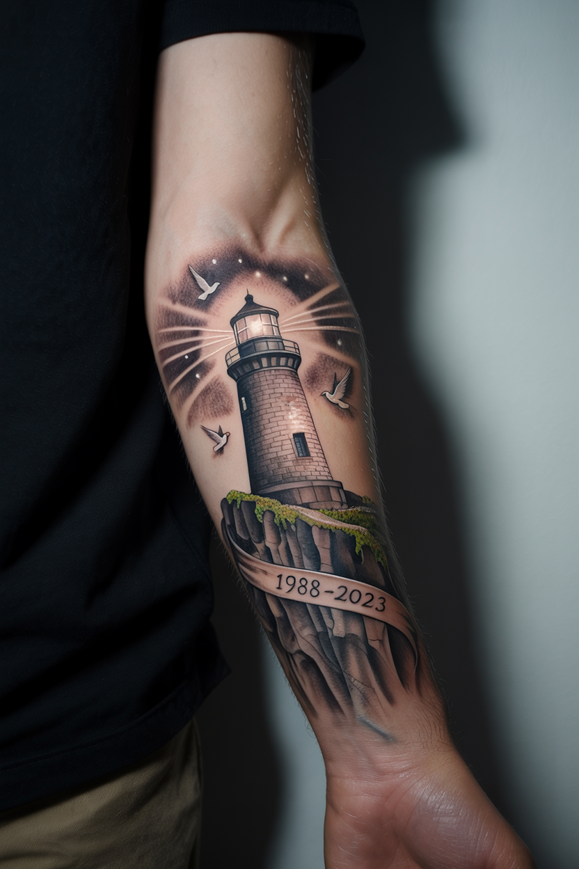 22 Lighthouse Tattoo Ideas To Cherish The Luxury Of Life! 11 Immortalizing Lighthouse Memorial Tattoo6