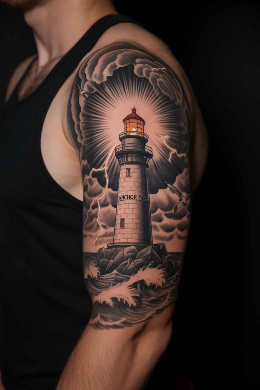 22 Lighthouse Tattoo Ideas To Cherish The Luxury Of Life! 5 Monochromatic Lighthouse Tattoo on Sleeve