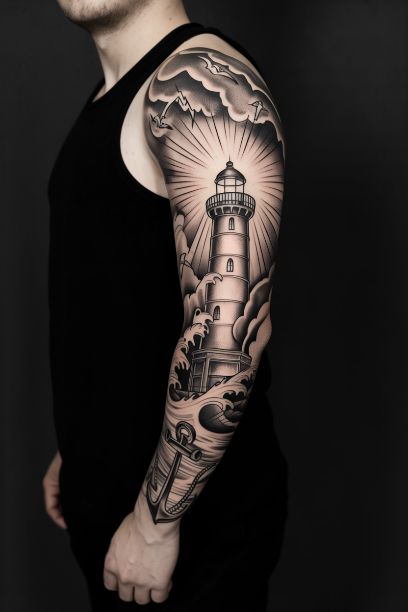 22 Lighthouse Tattoo Ideas To Cherish The Luxury Of Life! 6 Monochromatic Lighthouse Tattoo on Sleeve5