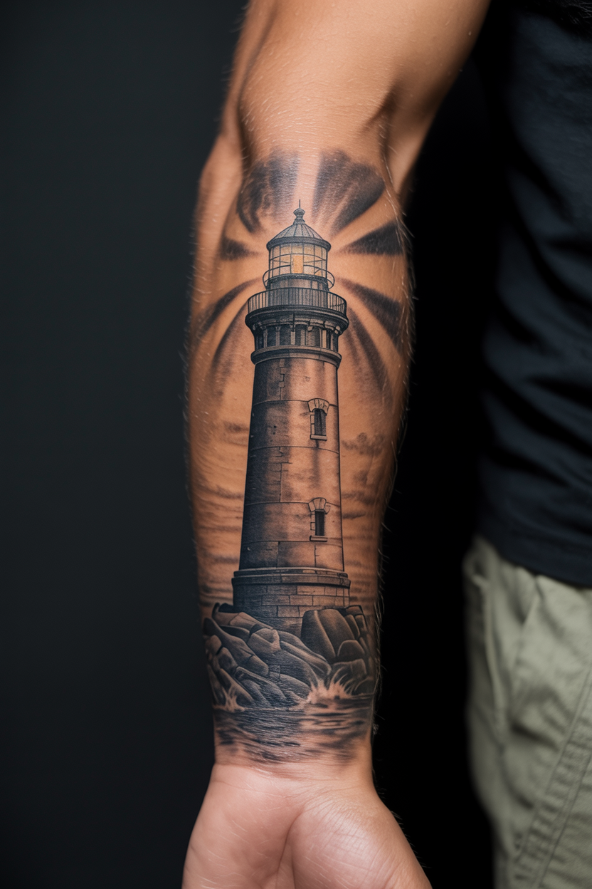 22 Lighthouse Tattoo Ideas To Cherish The Luxury Of Life! 9 Monolithic Bioshock Lighthouse Tattoo5
