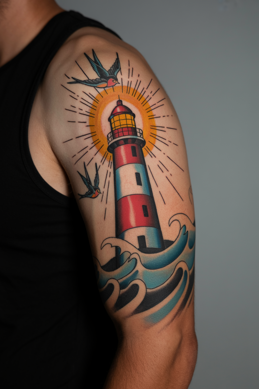 22 Lighthouse Tattoo Ideas To Cherish The Luxury Of Life! 19 Radiant Sailor Jerry Lighthouse Tattoo 2