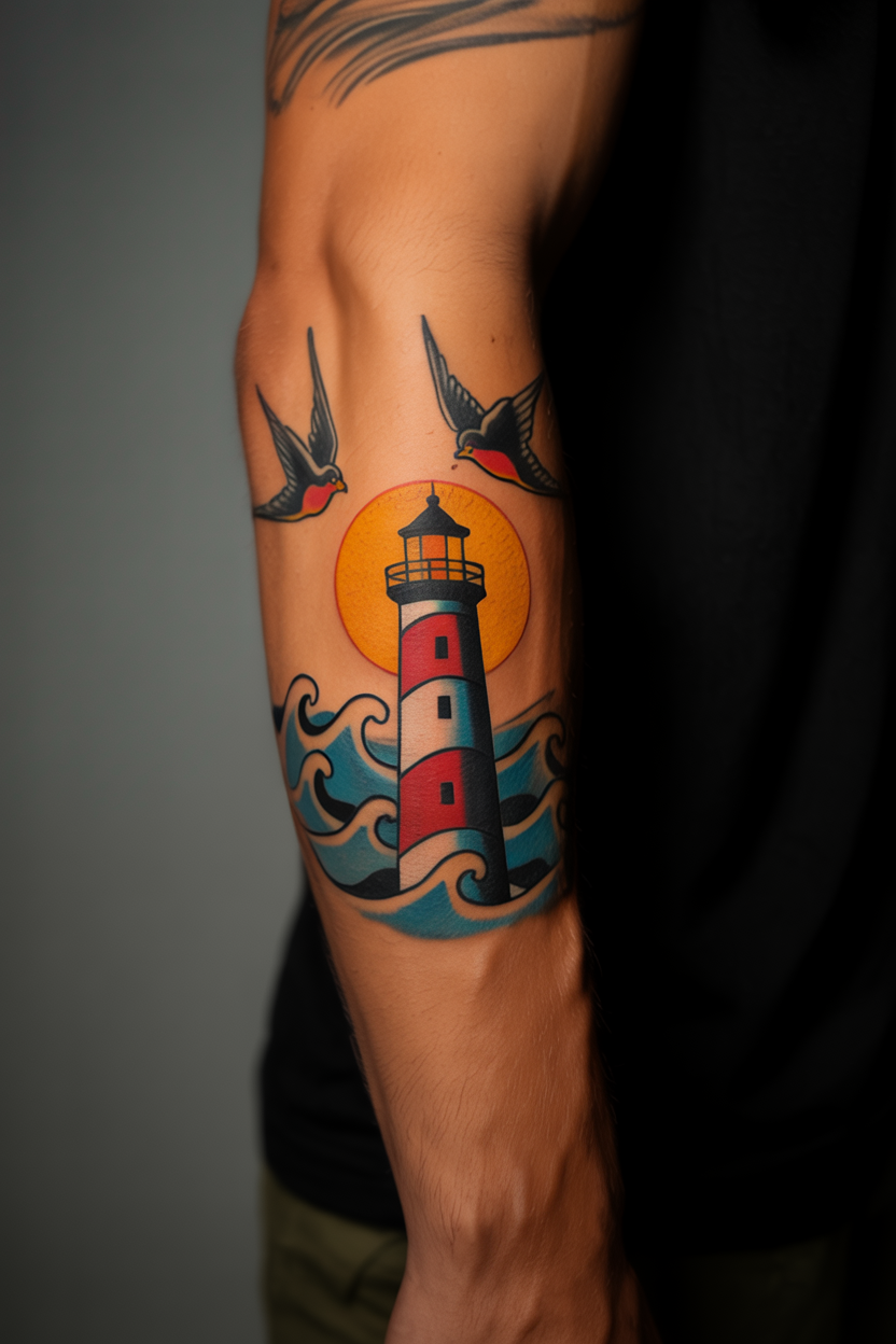 22 Lighthouse Tattoo Ideas To Cherish The Luxury Of Life! 20 Radiant Sailor Jerry Lighthouse Tattoo