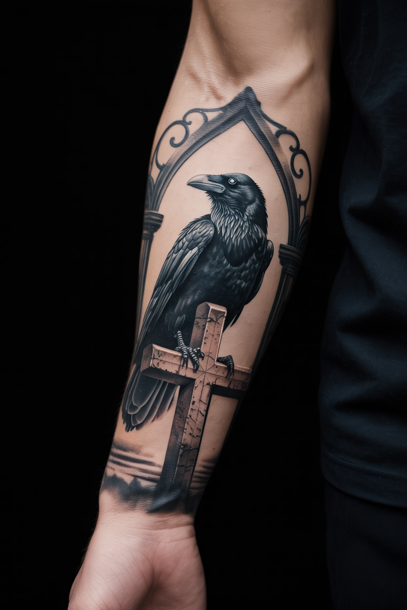 Realistic Gothic Raven Tattoo