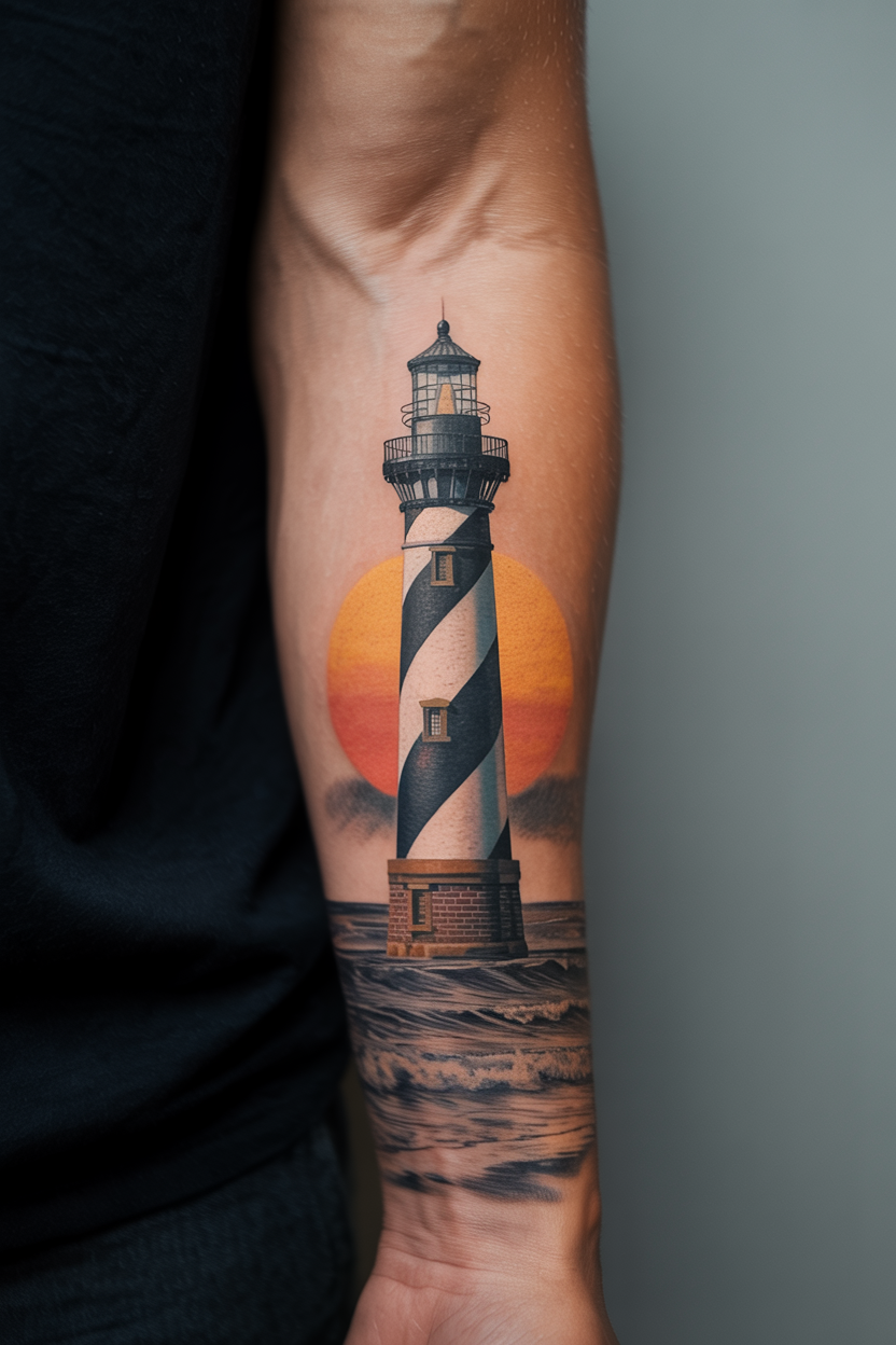 22 Lighthouse Tattoo Ideas To Cherish The Luxury Of Life! 27 Scenic Cape Hatteras Lighthouse Tattoo 2