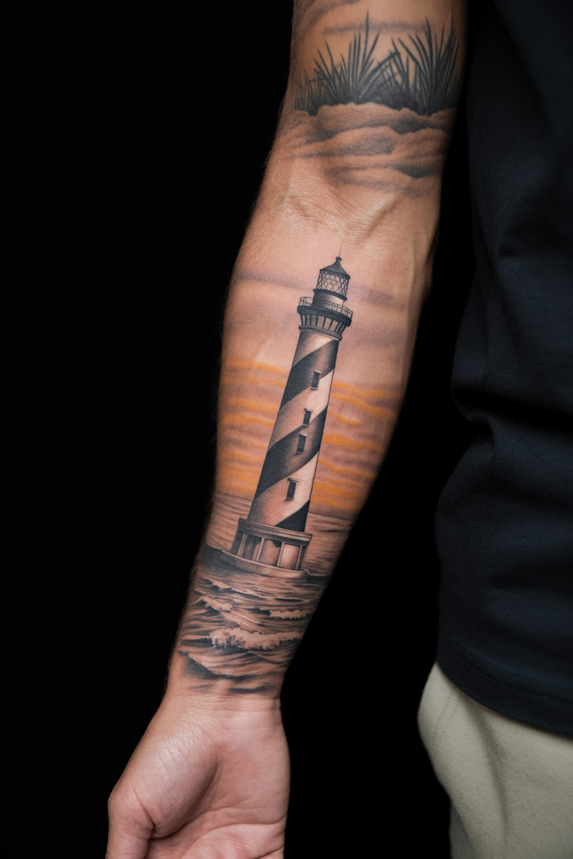 22 Lighthouse Tattoo Ideas To Cherish The Luxury Of Life! 28 Scenic Cape Hatteras Lighthouse Tattoo