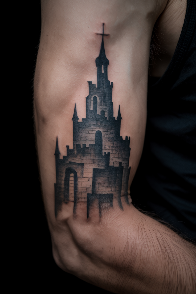 Shaded Gothic Castle Tattoo