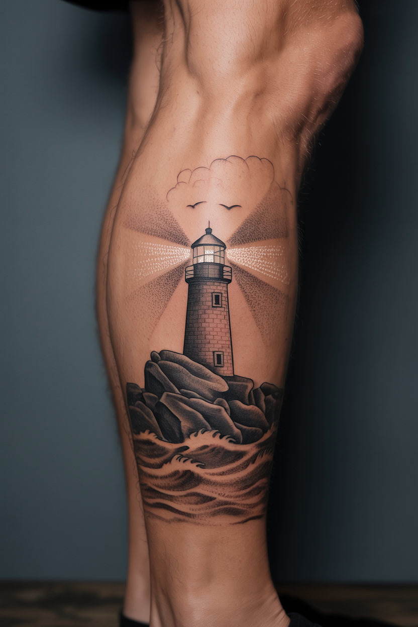 22 Lighthouse Tattoo Ideas To Cherish The Luxury Of Life! 12 Shaded Lighthouse Tattoo on Leg