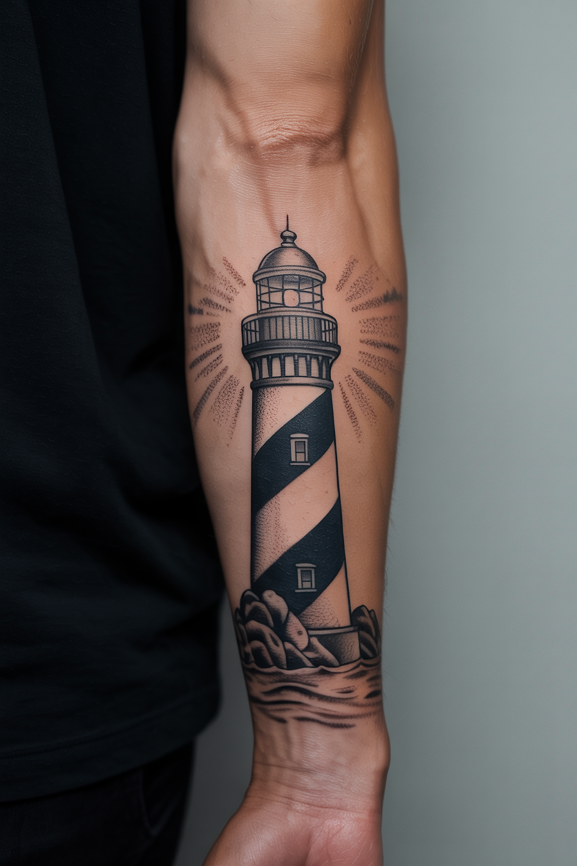 22 Lighthouse Tattoo Ideas To Cherish The Luxury Of Life! 15 Striped Black and White Lighthouse Tattoo 2