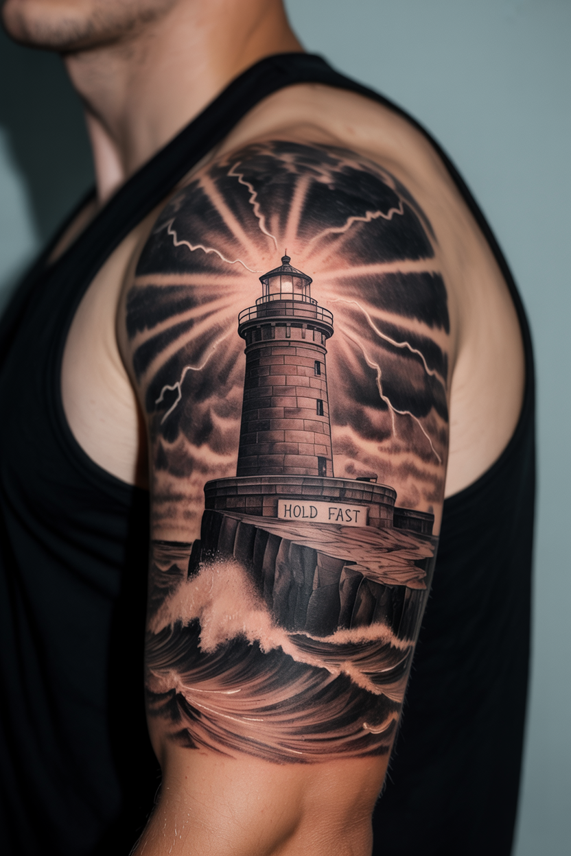 22 Lighthouse Tattoo Ideas To Cherish The Luxury Of Life! 18 Thunderous Lighthouse Storm Tattoo
