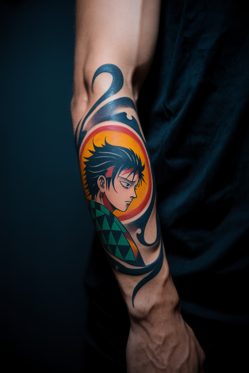 20 Dynamic Demon Slayer Tattoo Ideas To Seek Vengeance! 2 Vibrant Tanjiro Tattoo With Tribal Symbols