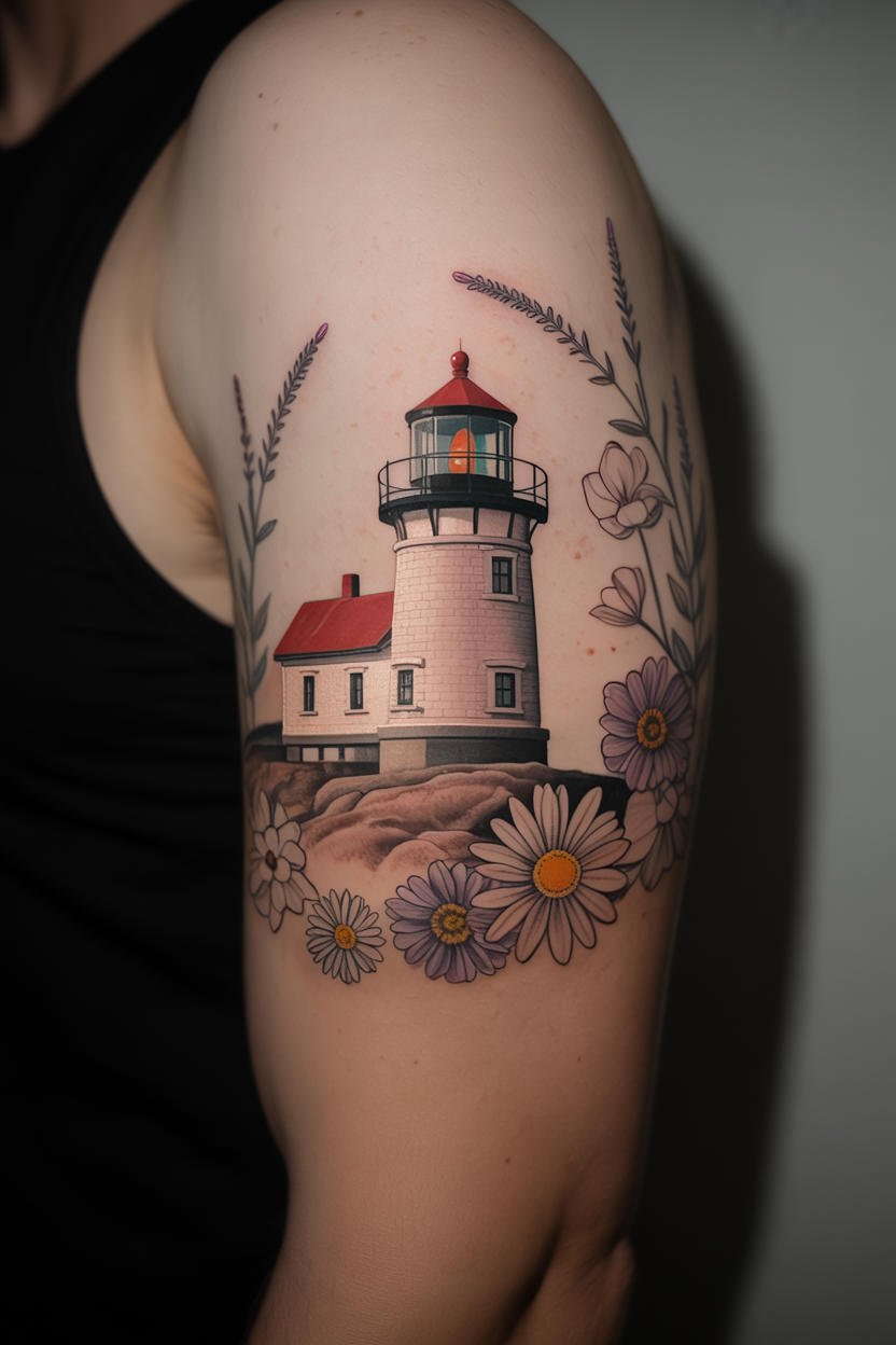 22 Lighthouse Tattoo Ideas To Cherish The Luxury Of Life! 35 a photograph of a cropped male arm