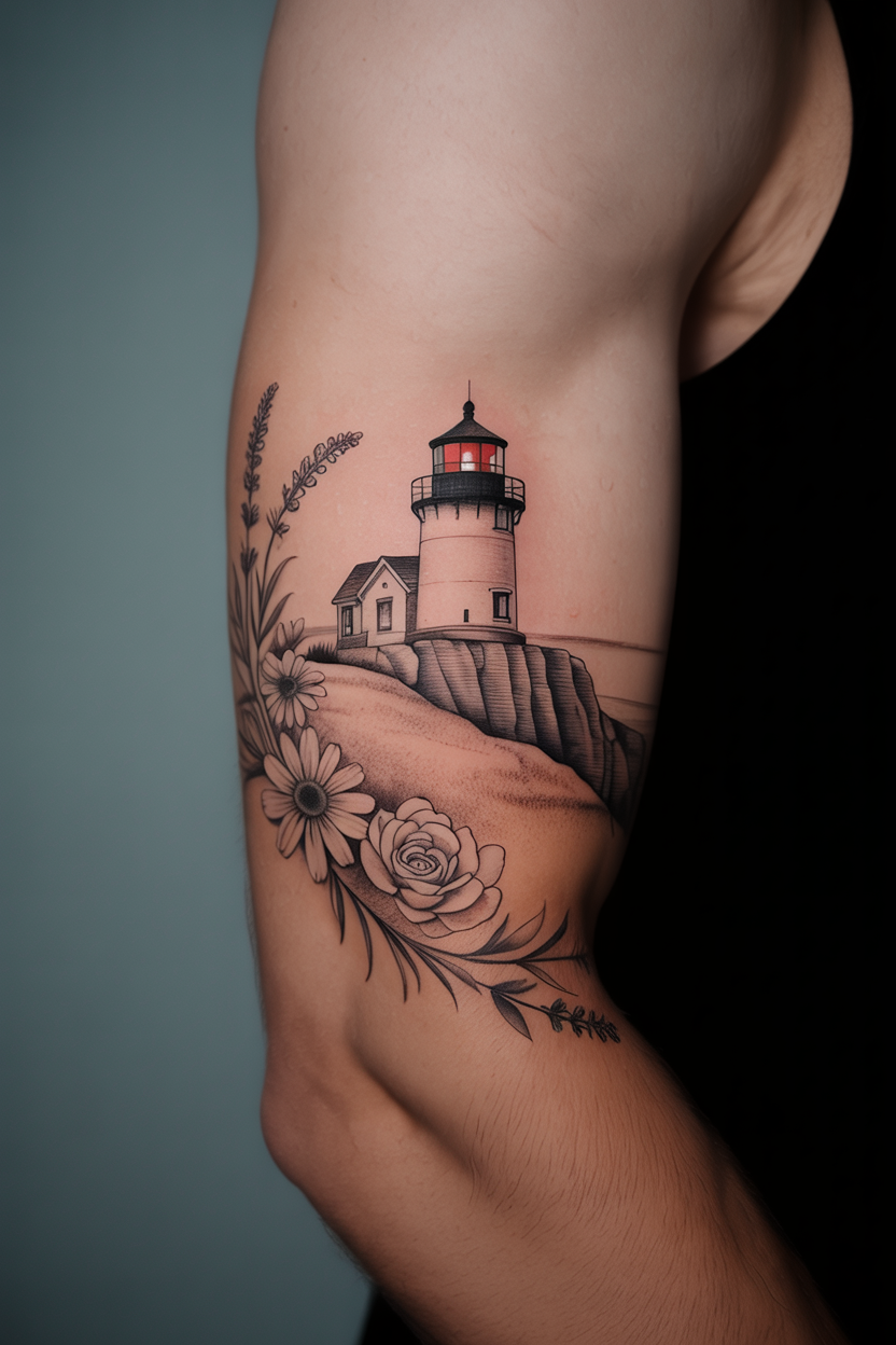 22 Lighthouse Tattoo Ideas To Cherish The Luxury Of Life! 36 a photograph of a cropped male forearm d qUPcEtF0SAi81vIMOgzQOw 0AYMWj33TbajEw K6z7s7Q