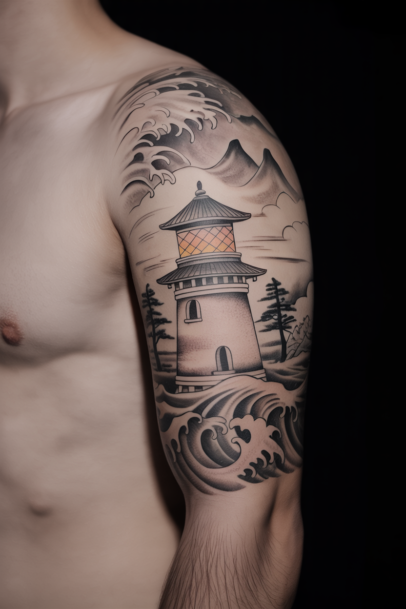 22 Lighthouse Tattoo Ideas To Cherish The Luxury Of Life! 34 a photograph of a cropped male upper