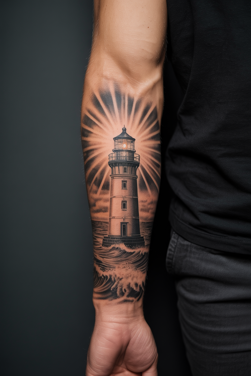 22 Lighthouse Tattoo Ideas To Cherish The Luxury Of Life! 32 a photograph of a detailed tattoo on a