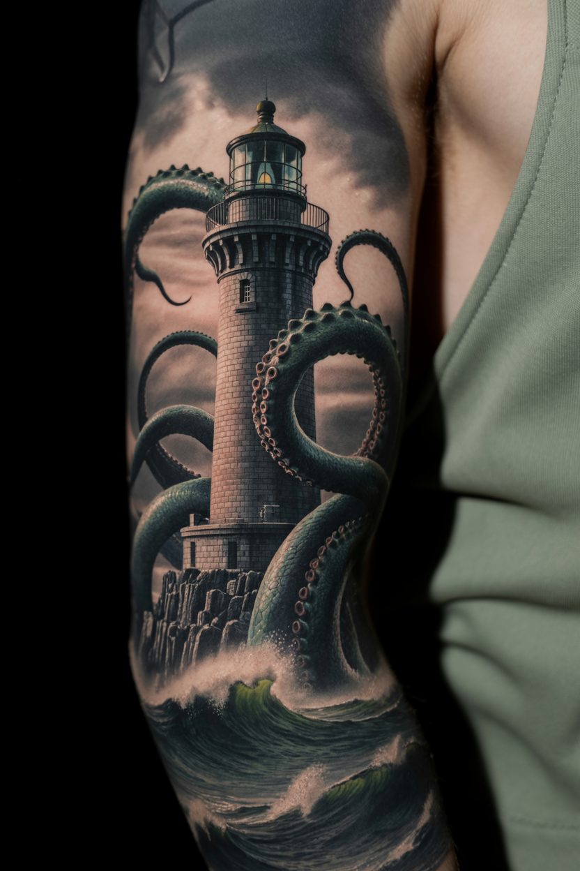 22 Lighthouse Tattoo Ideas To Cherish The Luxury Of Life! 23 a photograph of a striking tattoo on a c Jd7hcKDkSqiGWZwj3JSZEA HfA0QLrvTAO kpEB5UU RQ