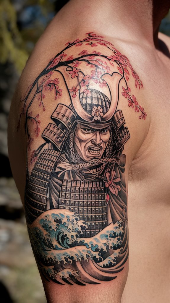 7 Samurai Warrior Tattoo Ideas 4 blossoms dance with waves
