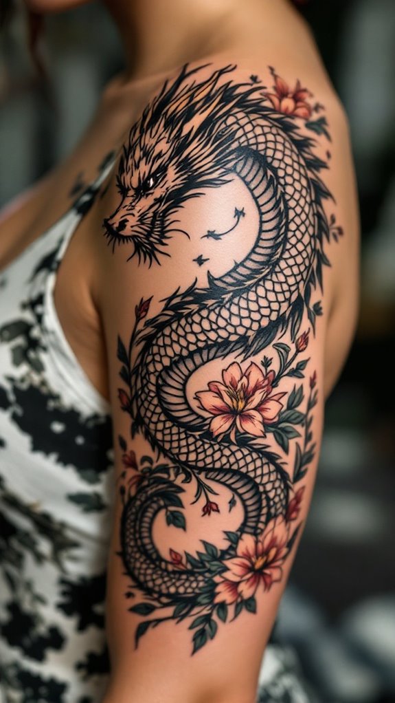 7 Feminine Dragon Tattoo Ideas for Women 8 botanical themed realistic dragon