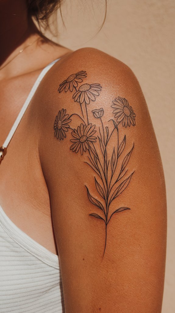 7 Daisy Fine Line Tattoo Ideas 6 daisies blooming on shoulder