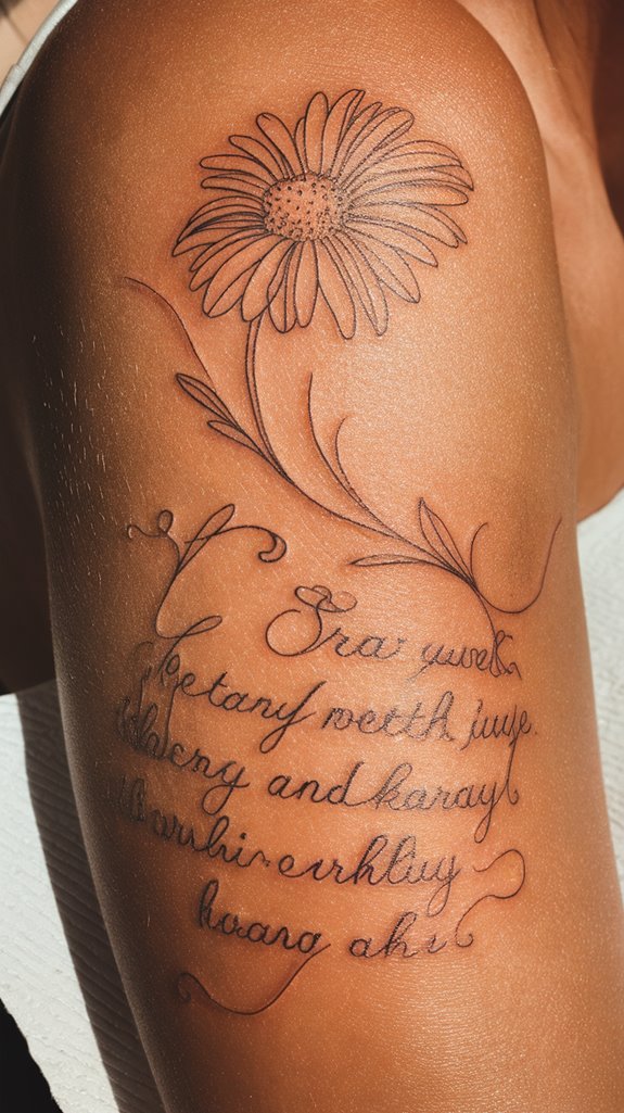 7 Daisy Fine Line Tattoo Ideas 8 daisy with uplifting message