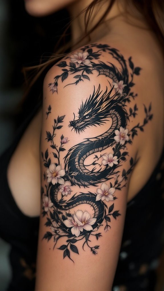 7 Feminine Dragon Tattoo Ideas for Women 2 dragon entwined in blossoms