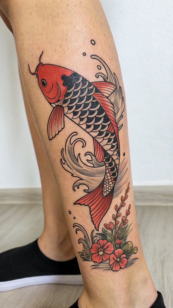 11 Lower Leg Tattoos 8 koi fish represent endurance
