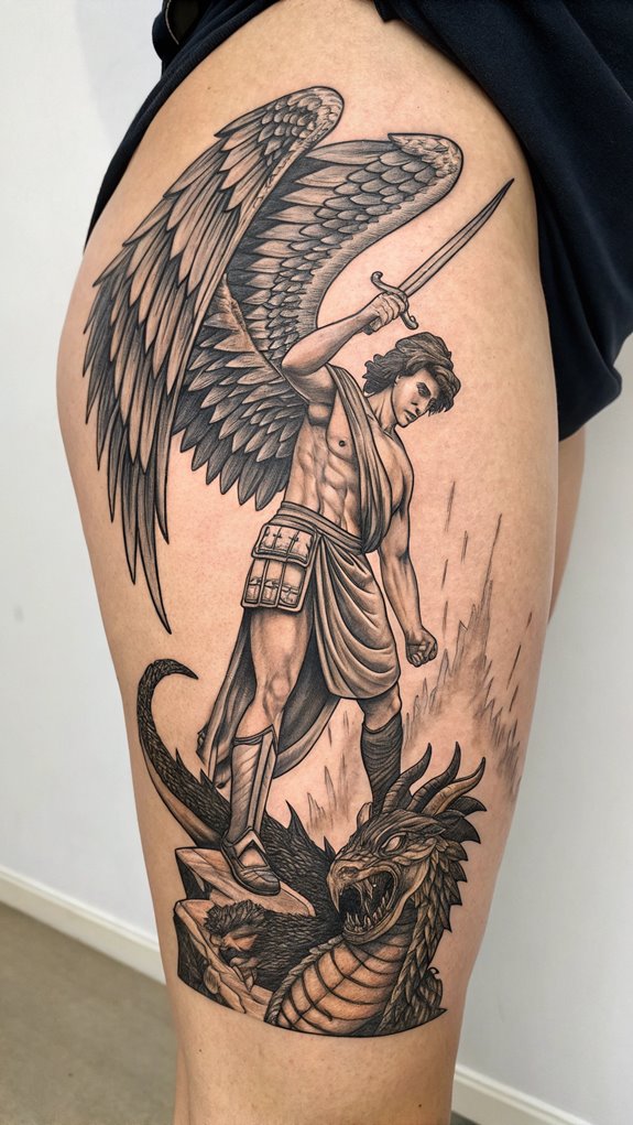 11 Archangel Michael Tattoo Ideas for Men 2 michael vs dragon tattoo