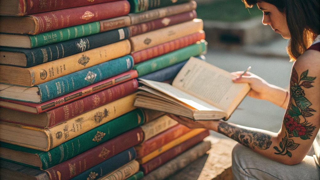 11 Booklover Tattoo Ideas 3 stacks of books arranged