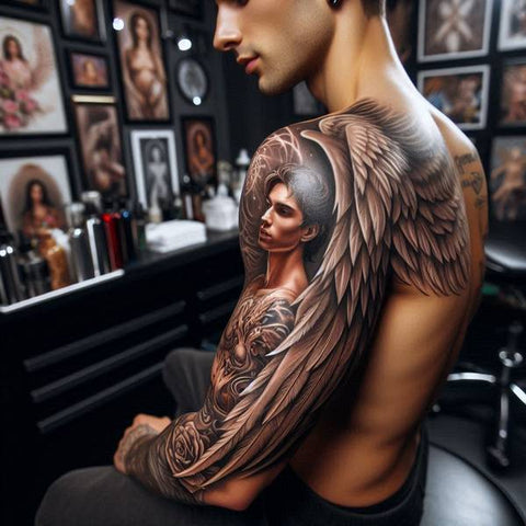 44 Motivating Ideas For Angel Tattoos 18 Angel Sleeve Tattoo 1 5284b881 cb99 40b0 8185