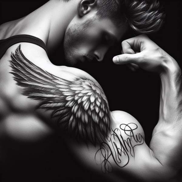 25 Majestic Angel Wing Tattoos: Explore Unique Designs for a Bold and Mystical Look 23 Angel Wing Tattoo With Name 2dde7