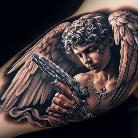 44 Motivating Ideas For Angel Tattoos 30 Angel With Gun Tattoo 1 9e68dcb0 8835 46d3 9939