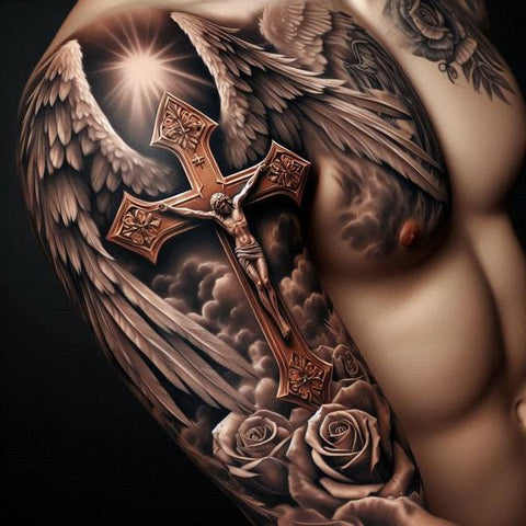 44 Motivating Ideas For Angel Tattoos 34 Cross With Angel Tattoo 1 4809bc16 6d56 4abd b603