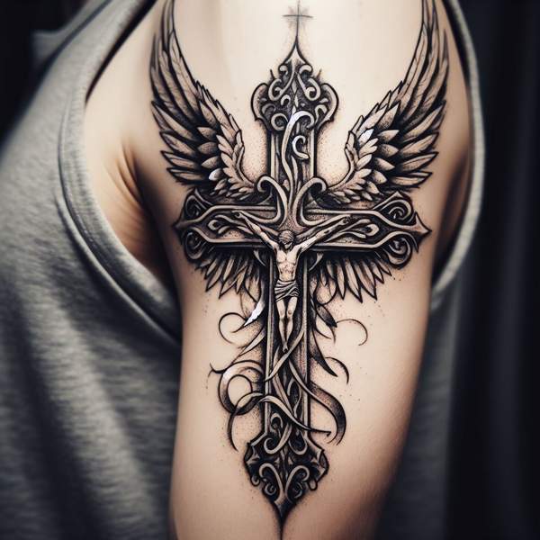 25 Majestic Angel Wing Tattoos: Explore Unique Designs for a Bold and Mystical Look 21 Cross With Angel Wing Tattoo 13f28